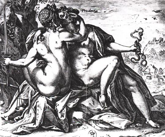 Justice And Prudence Kiss Each Other by Hendrick Goltzius